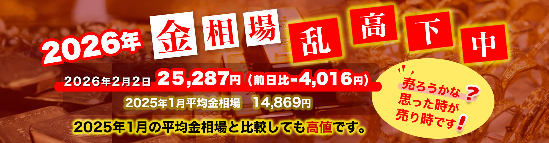 2026年の金相場を伝える広告風デザイン。価格と前年対比の数字が中央に大きく表示される。